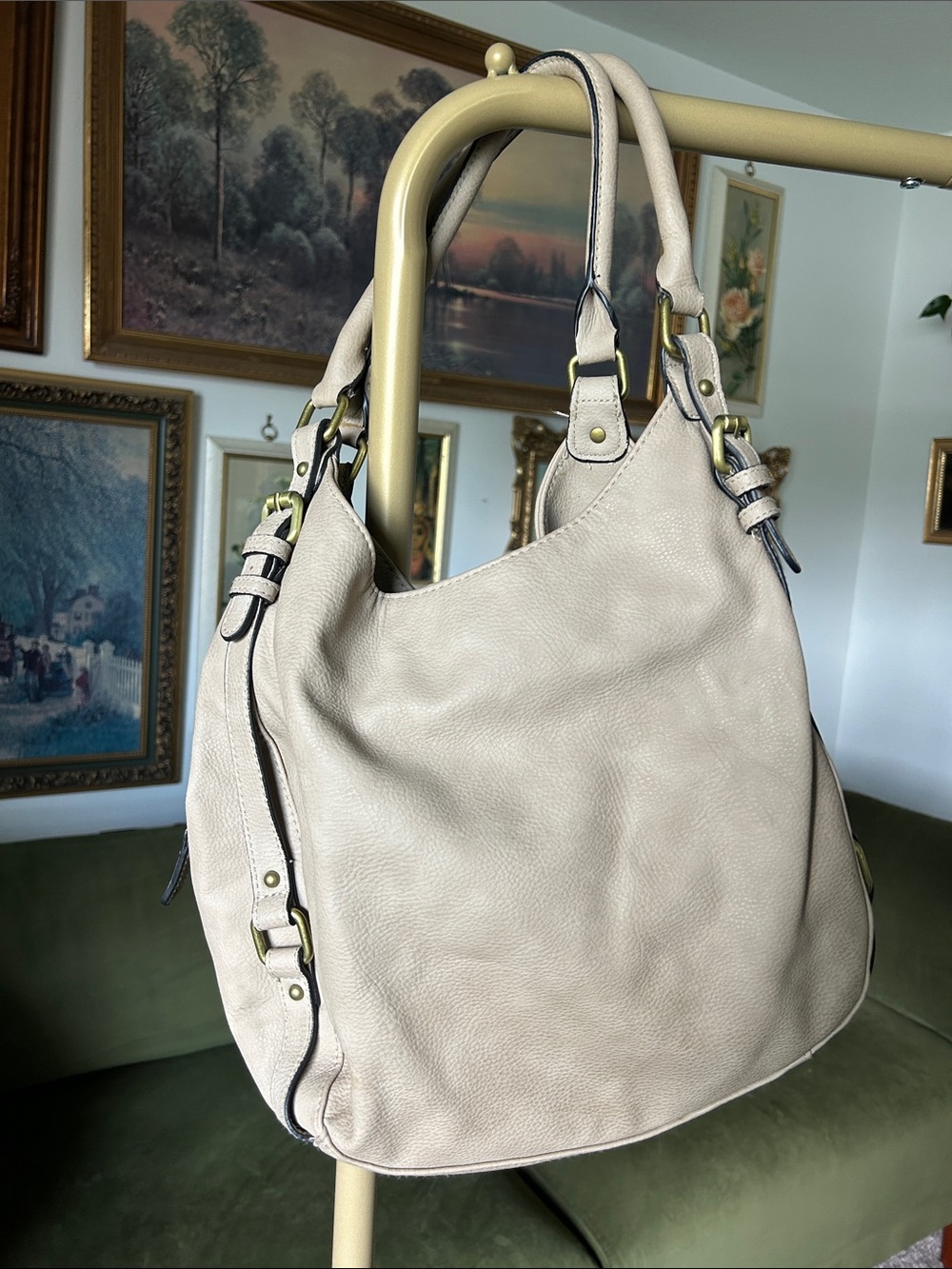 Y2K Merona Taupe Shoulder Hobo Bag with Buckle Accents - Picture 3 of 7